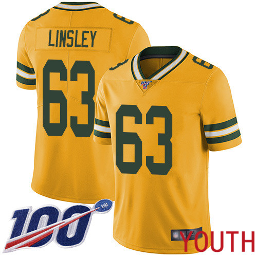 Green Bay Packers Limited Gold Youth #63 Linsley Corey Jersey Nike NFL 100th Season Rush Vapor Untouchable